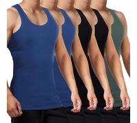 FALARY Mens Vest Tops Pack of 5 Tank Tops Fitted 100% Cotton Basic Plain Color Underwear and Colours Black Navy Olive S