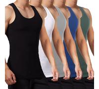 FALARY Mens Vest Tops Pack of 5 Tank Tops Fitted 100% Cotton Basic Plain Color Underwear and Colours Black White Grey Navy Olive XL