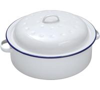 Falcon Enamel Round Roaster Dish 20cm x 8.5cm Traditional Oven Safe White Baking Serving Cookware with Blue Rim Casserole Pan Durable Heavy-Gauge Steel Enamelware for Roasting White - 1 Pack