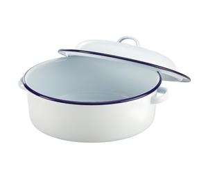 Falcon Enamelware Round Roaster 20cm White Blue Rim Traditional Oven Pot Lid