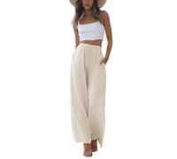 Faleave Women's Cotton Linen Summer Palazzo Pants Flowy Wide Leg Beach Trousers with Pockets, Apricot, XS