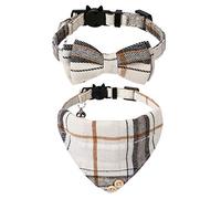 Faleela Cat Collar Bandana Bells Set - 2/1 Pack Set Cat Collar Breakaway with Cute Bow Tie and Bell, Adjustable from 7.5-10.8 Inch, Soft and Comfortable for Kitty and Some Puppies (Beige Bow+Bandana)