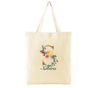 Faletony Personalised Tote Bags for Women Floral Initial Shoulder Bag Gifts for Her Custom Name Canvas Reusable Grocery Bags Foldable Casual Shopping Bags S