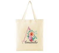 Faletony Personalised Tote Bags for Women Floral Initial Shoulder Bag Gifts for Her Custom Name Canvas Reusable Grocery Bags Foldable Casual Shopping Bags A