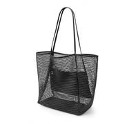 FALFFS Large Mesh Beach Bag for Women - Summer Vacation Essentials Tote with Zippered Inner Pocket, Foldable Net Tote for Swim Gear, Pool, Gym & Travel - Lightweight & Quick-Dry (Black)