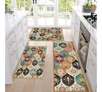 Falflor Moroccan Trellis Kitchen Mats 3 Piece Set Washable Non Slip Kitchen Rugs Soft Floral Pattern Doormat for Laundry Entryway Bathroom