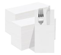 Faliuepe White Paper Napkins with Built-in Flatware Pocket Linen Feel Disposable Prefolded Pocket Napkins for Dinner, Party, Wedding-100 Pack