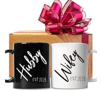 FALJIOK Est 2025 Hubby & Wifey Coffee Mugs Set, Wedding Mug Gift for Couple, Bride Groom Mug Gifts for Anniversary, Newlywed Coffee Mugs Set 11oz, Mr & Mrs Bridal Shower Gift