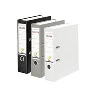 FALKEN Original Pack of 3 Polypropylene Colour Folders, 8 cm Wide DIN A4, Assorted Colours Black Grey White, Vegan Plastic Ring Binder File
