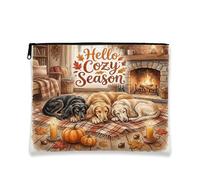 Fall Afghan Hound Dog Makeup Bag, Cute Holiday Fireplace Printed Cosmetic Travel Pouch for Women, Autumn Portable Small Canvas Zipper Organizer 7x9 Inch