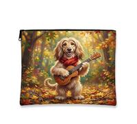 Fall Afghan Hound Dog Makeup Bag, Holiday Forest Guitar Printed Cosmetic Travel Pouch for Women Girls, Autumn Portable Small Canvas Zipper Organizer 7x9 Inch