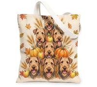 Fall Airedale Terrier Dog Canvas Tote Bag for Shopping 13 * 15, Cute Holiday Harvest Reusable Grocery Shoulder Cloth Bag for Women, Autumn Painting Gift Decoration