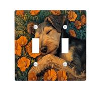 Fall Airedale Terrier Dog Decorative Light Switch Cover Plate 2 Gang Double Toggle, Funny Autumn Poppy Flowers Electrical Switchplate, Pet Faceplate for Kitchen Living Room Decor