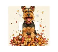 Fall Airedale Terrier Dog Decorative Light Switch Cover Wall Plate 2 Gang Double Toggle, Fun Autumn Maple Leaves Puppy Electrical Switchplate Weird Cute Pet Electrical Faceplate for Bedroom Room