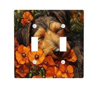 Fall Airedale Terrier Dog Decorative Light Switch Cover Wall Plate 2 Gang Double Toggle, Funny Autumn Poppy Flowers Electrical Switchplate Pet Faceplate for Kitchen Living Room Decor