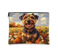 Fall Airedale Terrier Dog Makeup Bag 7x9 Inch for Travel Pouch, Country Autumn Pumpkin Toiletry Cosmetic Pouch for Women, Oil Painting Fields Portable Canvas Zipper Organizer