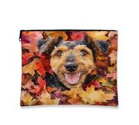Fall Airedale Terrier Dog Makeup Bag, Fun Autumn Maple Leaf Cosmetic Travel Pouch for Women Girls, Pet Portable Small Canvas Zipper Organizer 7x9 Inch