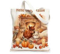 Fall Alpacas Llama Canvas Tote Bag for Shopping 13 * 15, Cute Holiday Fireplace Reusable Grocery Shoulder Bag for Women, Autumn Painting Gift Decor