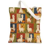 Fall Alpacas Llama Canvas Tote Bag for Shopping 13 * 15, Holiday Retro Cute Reusable Grocery Bag for Women, Autumn Travel Pattern Gift Decoration