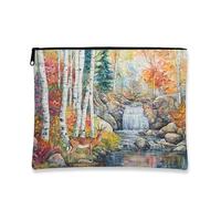 Fall Antelopes Makeup Bag, Autumn Woodland Waterfall Cosmetic Travel Pouch for Women, Portable Small Canvas Zipper Organizer, Animal Toiletry Bag 7x9 Inch
