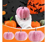 Fall Artificial Pink Velvet Pumpkins Decor - 3 Sizes, Foam Mini Pumpkin, Farmhouse Harvest Decorative, for Fall Wedding Baby Shower Thanksgiving Pastel Halloween Wreath Table Décor (3PC)