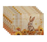 Fall Autumn Bunny Rabbit Placemats, Warm Beige Floral Dining Table Place mats, Non-Slip Washable Indoor Outdoor Seasonal Decorative Mat Set of 6