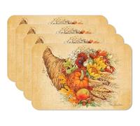 Fall Autumn Festive Pumpkin Reversible Easy Care Placemat Set of 4 (Cornucopia Wreath Pumpkin)