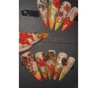 Fall Autumn Press-On Nails, 3D Maple Leaf Design, Glitter Gold Red Gradient Tips, Long Stiletto Artificial Nails with Crystal Embellishments