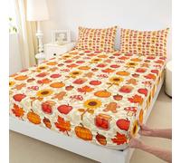 Fall Autumn Pumpkin King Size Fitted Sheet,Pixelated Square Mushroom Sunflower Gingerbread Man Room Decor,Thanksgiving Day Pine Maple Leaf Bed Sheet,Pixel Orange Bedding Set,2 Pillowcases(No Flat)