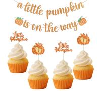 Fall Baby Shower Decorations With Glitter Little Pumpkin Cupcake Toppers And A Little Pumpkin Is On The Way Banner For Fall Themed Baby Shower Decorations