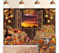 Fall Backdrop Autumn Pumpkin Sunflowers Rustic Wooden Barn Window Photography Background for Fall Theme Birthday Baby Shower Thanksgiving Day Party Decorations Banner (7x5FT（210x150cm）)