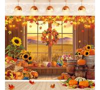 Fall Backdrop Banner Autumn Maple Leaf Pumpkin Sunflower Window Photography Background for Fall Birthday Baby Shower Thanksgiving Party Decorations (7x5FT（210x150cm）)