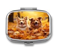 Fall Background with Dogs Pill Box Medicine Pill Organizer Small Pill Case Travel Pill Container Portable Pill Case for Pocket 2 Compartment Pill Holder Pill Boxes for Travel