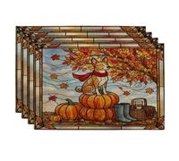 Fall Basenji Dog Placemats Set of 4, 12 * 18, Stained Glass Autumn Pumpkin 4Pcs Print Table Mats for Dinning, Harvest Holiday Home Kitchen Decor