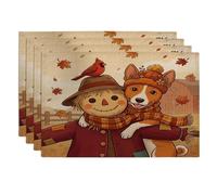 Fall Basenji Dog Placemats Set of 4, 12x18 Inch, Autumn Farmhouse Scarecrow 4Pcs Soft Table Mats for Dinning, Fun Country Pattern Holiday Home Kitchen Decor