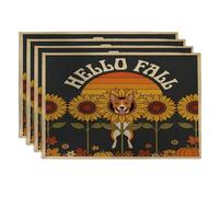 Fall Basenji Dog Placemats Set of 4, 12x18 Inch, Autumn Vintage Retro Sunflower 4Pcs Table Mats for Dinning, Pumpkin Pattern Holiday Home Kitchen Decor