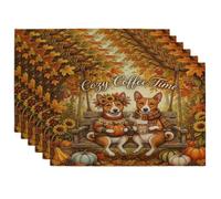Fall Basenji Dog Swing Placemats Set of 6, 12x18 Inch, Autumn Forest Pumpkin 6Pcs Table Mats for Dinning, Cool Holiday Home Kitchen Decor