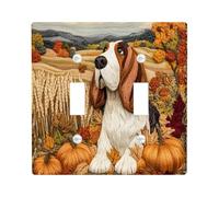Fall Basset Hound Dog Decorative Light Switch Cover Plate 2 Gang Double Toggle, Autumn Novelty Country Electrical Faceplate for Kitchen Bathroom, Puppy Switchcover Decor