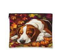 Fall Basset Hound Dog Makeup Bag 7''x9'' for Travel Pouch, Autumn Maple Leaf Pumpkin Toiletry Cosmetic Pouch for Women Gift, Fun Country Portable Canvas Zipper Organizer