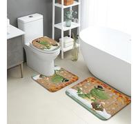 Fall Bathroom Mat Sets 3 Piece, Cartoon Dinosaur and Duck Design Absorbent Non Slip Toilet Rugs U Shaped Washable, Autumn Seasonal Quick Dry Memory Foam Bathroom Rug Set