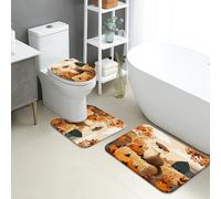Fall Bathroom Mat Sets 3 Piece, Cute Otter Pumpkin Absorbent Non Slip Toilet Rugs U Shaped Washable, Autumn Harvest Quick Dry Flannel Bathroom Rug Set