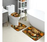 Fall Bathroom Mat Sets 3 Piece, Cute Teddy Bears and Pumpkin Design Absorbent Non Slip Toilet Rugs U Shaped Washable, Autumn Harvest Quick Dry Memory Foam Bathroom Rug Set