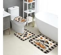 Fall Bathroom Mat Sets 3 Piece, Rustic Mushroom and Pumpkin Non Slip Toilet Rugs U Shaped Washable, Autumn Leaves Quick Dry Memory Foam Bathroom Rug Set