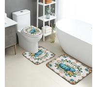 Fall Bathroom Mat Sets 3 Piece, Vintage Blue Pumpkin Floral Absorbent Non Slip Toilet Rugs U Shaped Washable, Rustic Autumn Quick Dry Flannel Bathroom Rug Set