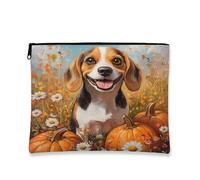 Fall Beagle Dog Makeup Bag 7x9 Inch for Travel Pouch, Country Autumn Pumpkin Toiletry Cosmetic Pouch for Women, Oil Painting Fields Portable Canvas Zipper Organizer