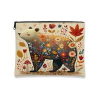 Fall Bear Makeup Bag 7x9 Inch for Travel Pouch, Aesthetic Retro Autumn Maple Leaf Print Cosmetic Pouch for Women, Animal Scenery Portable Canvas Zipper Organizer