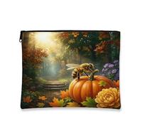 Fall Bees Insect Makeup Bag, Holiday Pumpkins Forest Cosmetic Travel Pouch for Women, Portable Small Canvas Zipper Organizer, Autumn Toiletry Bag 7x9 Inch