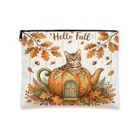 Fall Bengal Cats Makeup Bag, Holiday Wood Leaf Cosmetic Travel Pouch for Women, Portable Small Canvas Zipper Organizer, Autumn Toiletry Bag 7x9 Inch