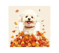 Fall Bichon Frise Dog Decorative Light Switch Cover Plate 2 Gang Double Toggle, Fun Autumn Maple Leaves Puppy Electrical Faceplate for Room, Weird Cute Pet Switchcover Switchplate
