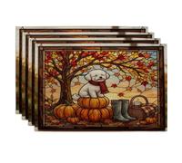 Fall Bichon Frise Dog Placemats Set of 4, 12 * 18, Stained Glass Autumn Pumpkin 4Pcs Print Table Mats for Dinning, Harvest Holiday Home Kitchen Decor